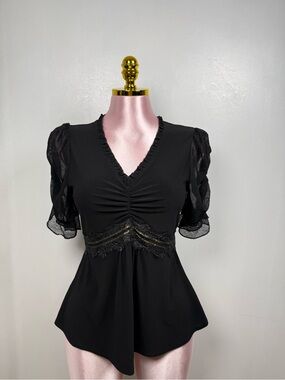 Ember Black Peplum Blouse Sheer Sleeves Lace Detail V Neck Feminine Top XS